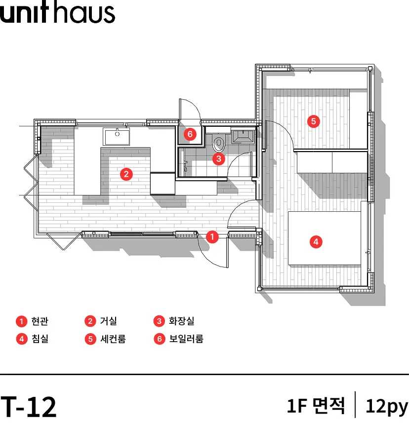 비스포크 T-12 평면도 — 현관, 거실, 화장실, 침실, 세컨룸, 보일러룸 (1층 12평)